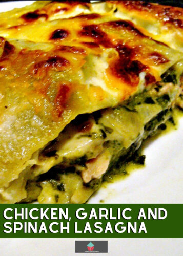 Chicken, Garlic and Spinach Lasagna, layers of tender chicken, spinach and pasta sheets with a creamy cheesy sauce, baked until golden. Easy recipe and freezer friendly
