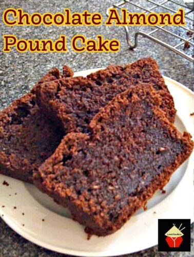 Chocolate Almond Pound Cake. Delicious, rich chocolate cake with added melted chocolate and ground almonds. Perfect as an afternoon tea cake or a dessert cake