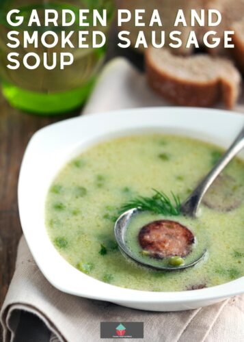 Garden Pea and Smoked Sausage (kielbasa) Soup, made from scratch and full of flavor. Uses regular store cupboard ingredients and very easy to make.
