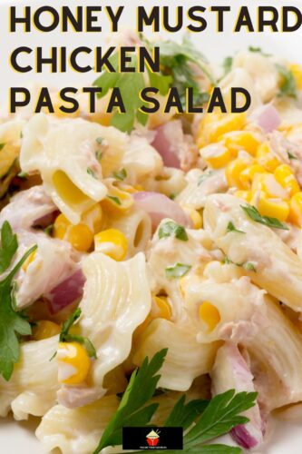 Honey Mustard Chicken Pasta Salad. A delicious, easy chicken salad with an easy honey mustard dressing. Great for using leftover chicken. Serve as a lunch or dinner, alongside a buffet or BBQ