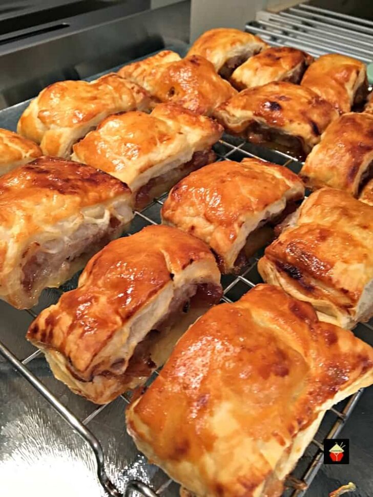Sausage Puffs 4 Sauasage rolls on cooling rack