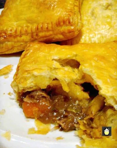 Steak Bakes (like Savory hand pies!). Delicious mini puff pastry pies using leftover fillings from your pot roasts, casseroles and roast dinners! Really easy to make and great for lunches or as part of a dinner