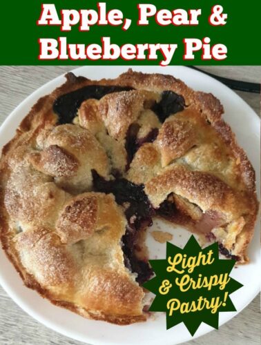 Apple, Pear and Blueberry Pie. Delicious served warm or cold with some whipped cream, ice cream or custard! Easy recipe too!