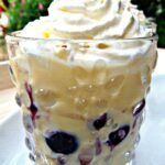 Blueberry and Lemon Trifle. This is just sublime! Layers of fresh Lemon Cake, Creamy Custard and Whipped Cream and of course a generous sprinkling of blueberries throughout. Please enjoy!