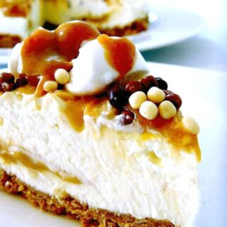Caramel Mountain Top Cheesecake. No Bake and very easy to make. Come and see what's inside this stunning dessert!