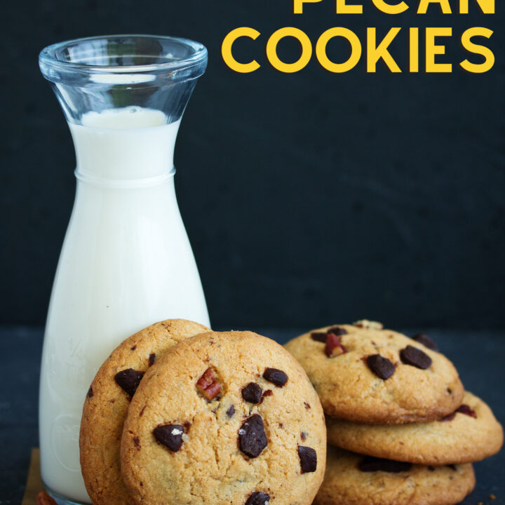 Chocolate Pecan Cookies Chocolate Pecan Cookies are filled with pecans and chocolate, crispy on the outside and chewy inside, easy cookie recipe and perfect with a glass of milk or cup of tea! Also great for gifts!