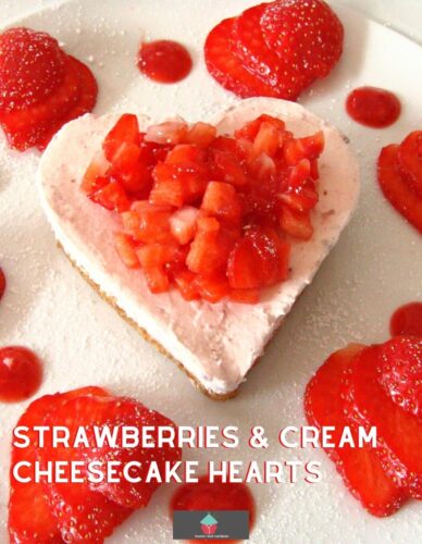 Strawberries and Cream Cheesecake Hearts, a creamy no bake fruity cheesecake recipe using fresh strawberries in the filling and topping. A great dessert for Valentine's Day or a Summer party.