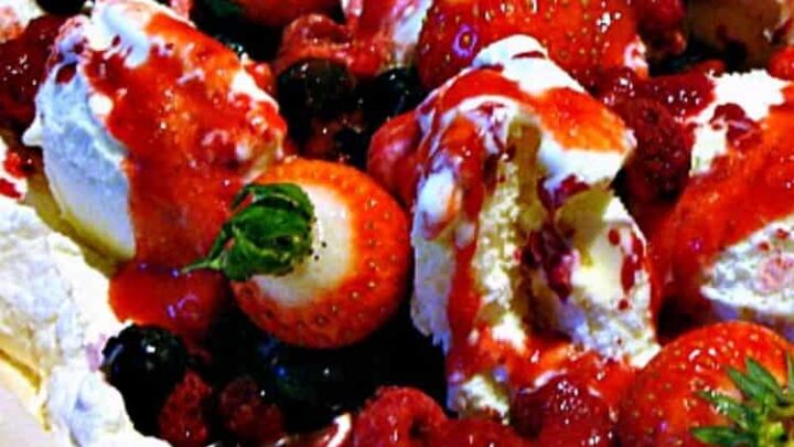 Wowza Summer Fruits Pavlova 4 Fruit Pavlova! A delicious, easy dessert with a mix of berries, ice cream, whipped cream sitting in a crisp meringue, and topped off with a fruit ripple sauce.