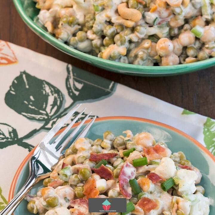 Cauliflower and Pea Salad Cauliflower and Pea Salad, a delicious popular creamy salad, ideal for a picnic or side dish to any meal. Very easy recipe with a homemade dressing sauce.