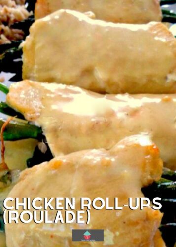 Chicken Roll-Ups (roulade), tender pieces of chicken filled with spinach, asparagus, mushrooms, and cheese then rolled and baked, and served with a creamy Hollandaise sauce and easy mushroom pilaf rice.