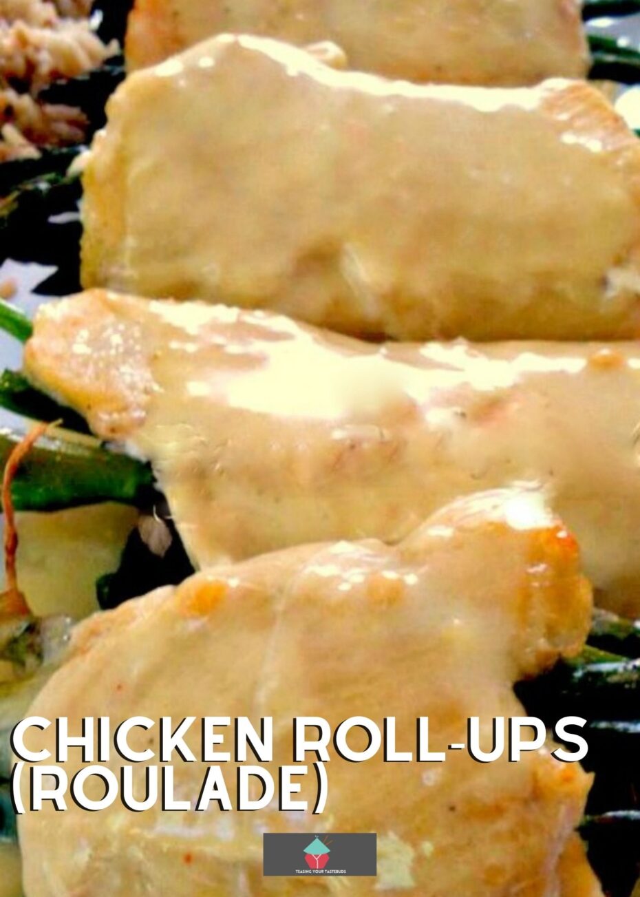 Chicken Roll-Ups (Roulade) Chicken Roll-Ups (roulade), tender pieces of chicken filled with spinach, asparagus, mushrooms, and cheese then rolled and baked, and served with a creamy Hollandaise sauce and easy mushroom pilaf rice.