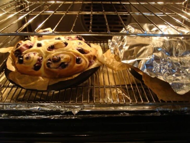 Almond, Raisin Cream Cheese Sticky Buns, showing buns in the oven baking