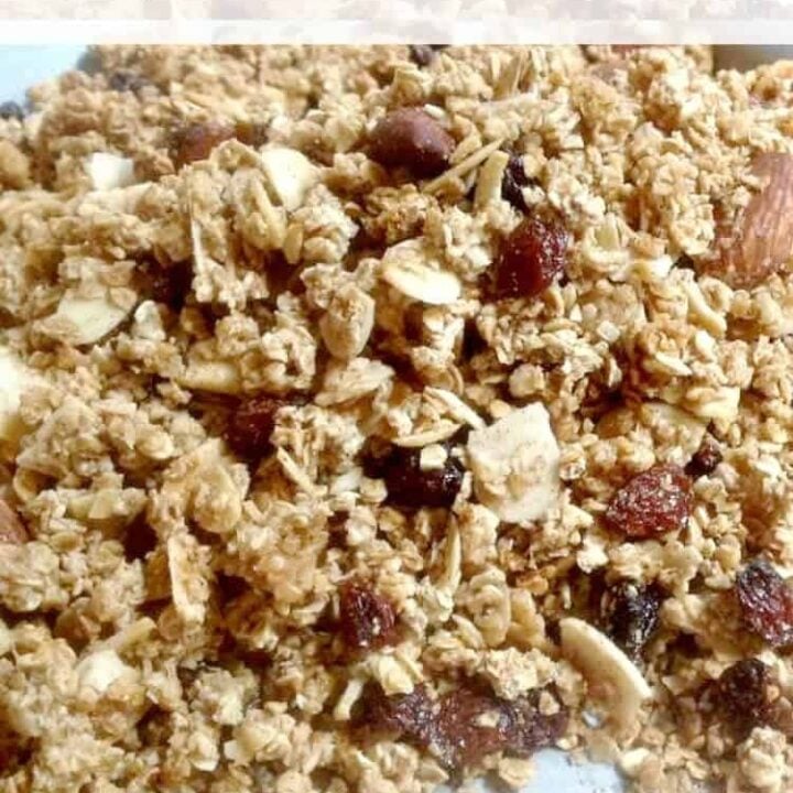 Easy Home Made Maple Almond Granola. A wonderful versatile recipe and of course Home Made is always good! Great for using in desserts, or as a breakfast.