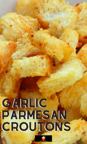 Garlic Parmesan Croutons. Delicious crispy croutons, perfect for salads, soups, just in a bowl at parties, oh so many good ways to eat these!