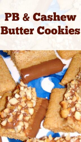 Peanut Butter and Cashew Butter Cookies. I've used Peanut Butter, melted chocolate and chopped cashew nuts for decoration. It's certainly a family favorite so please enjoy!