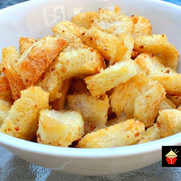 Garlic Parmesan Croutons. Delicious crispy croutons, perfect for salads, soups, just in a bowl at parties, oh so many good ways to eat these!