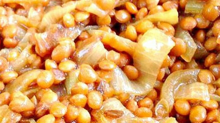 Caramelized Onions and Lentils. A wonderful side dish goes perfect with a crockpot dinner, or some nice chicken or pork chops, or a roast turkey dinner too! Really tasty and very easy to make. No messing or fussing!