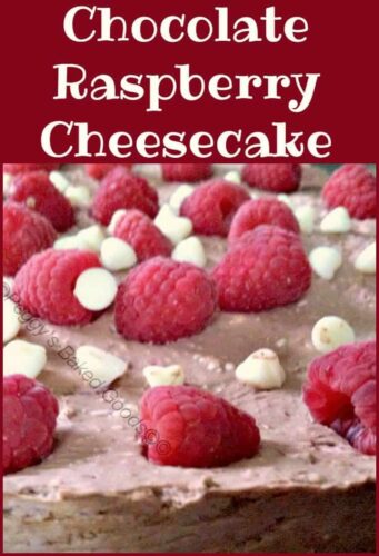 Chocolate Raspberry Cheesecake. This is a lovely No Bake dessert with raspberries filled (yes filled!) with white chocolate drops and also throughout the filling. the combination is so yummy! Easy recipe and great for making ahead too!