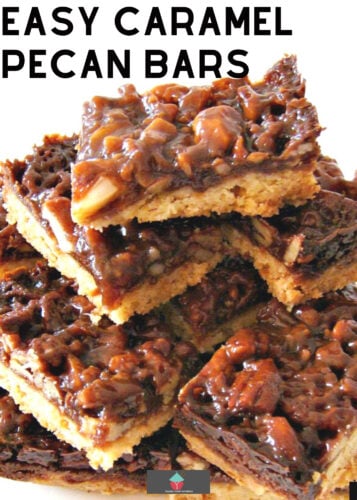 Easy Caramel Pecan Bars, luxurious caramel and pecan topping on a buttery shortbread cookie base. Like a pecan pie in cookie form! A really easy recipe too.