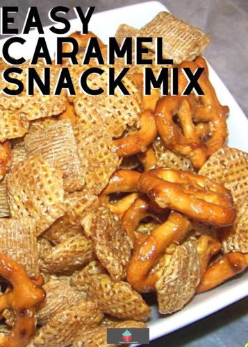 Easy Caramel Snack Mix, a variety of cereals, dried fruits and nuts, coated in delicious caramel then baked until perfectly golden. Great for parties, gift packages and holidays! Freezer friendly and stores well.