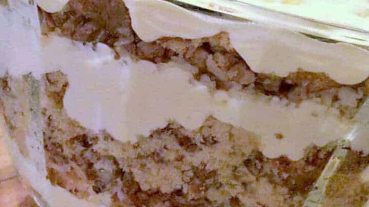 Italian Cream Cake Trifle, this is the most amazing trifle! Layers of classic fluffy Italian Cream Cake combined with delicious layers of creamy pudding, pecans and coconut will bring smiles to everyone who eats this! #Italian #Trifle #Christmas #Thanksgiving #