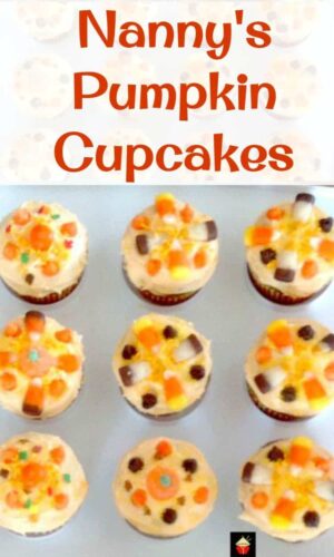 Nanny's Pumpkin Cupcakes. A very fun and easy cupcake recipe with pureed pumpkin & decorated with candy corn. A perfect sweet treat for Fall and Thanksgiving