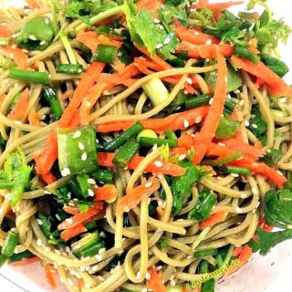 Sesame Soba Noodle Salad. Delicious served chilled or warm as a side dish or a light lunch. Very quick to make and always popular with a crowd too! If GF diet, check your brand of noodles to be sure they are GF!
