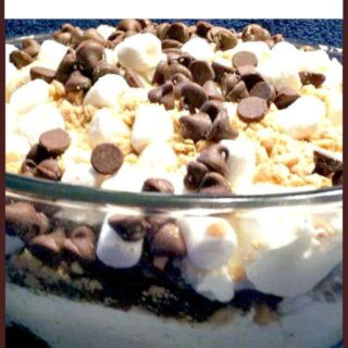 S'mores Trifle - Smore's lovers dream! Delicious chocolate cake, marshmallows and other goodies make this a wonderful dessert!
