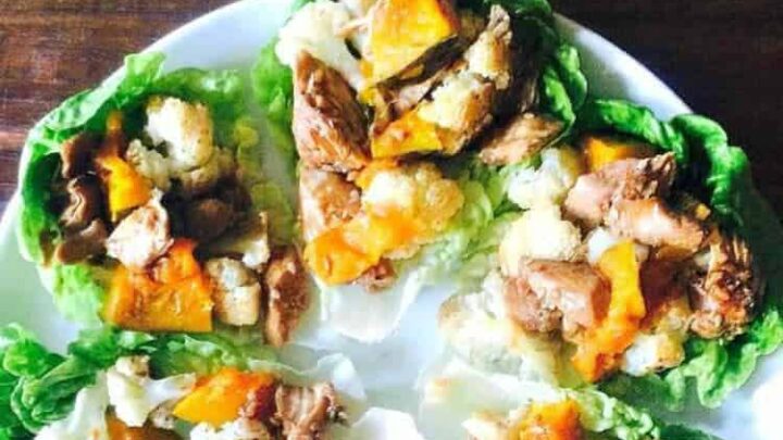 Spiced Baked Cauliflower and Pumpkin with Teriyaki Chicken. This is a lovely flexible recipe which you can make for parties, or serve as a main meal. Easy to do and good for making ahead too!