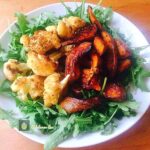 Spiced Baked Cauliflower and Pumpkin with Teriyaki Chicken. This is a lovely flexible recipe which you can make for parties, or serve as a main meal. Easy to do and good for making ahead too!