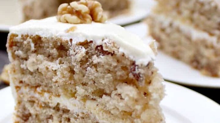 Walnut Cake is a delicious easy recipe. the cake is so soft and fluffy! Recipe also for a lovely vanilla frosting. You can make this a s a round cake or a loaf, instructions for both. Freezer friendly too!