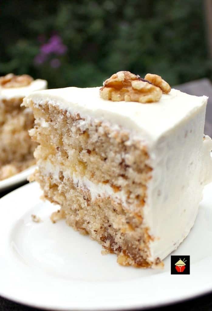 Walnut Cake is a delicious easy recipe. the cake is so soft and fluffy! Recipe also for a lovely vanilla frosting. You can make this a s a round cake or a loaf, instructions for both. Freezer friendly too!