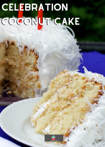 Celebration Coconut Cake. Perfect for a celebration, this coconut cake is made up of layers of soft coconut cake sandwiched between lemon curd then frosted with a light and airy coconut frosting.