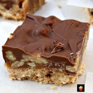 Chocolate Caramel Pecan Bars. These are so addictive! Easy to make and always popular! Flexible so you can use your favorite chocolate, like milk, dark, white and also use whatever nuts you love!
