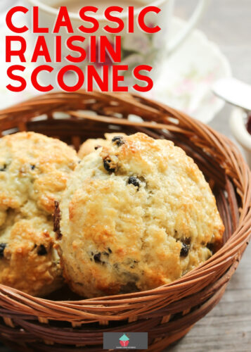Classic raisin scones, perfect served with an afternoon tea. Eat with butter, clotted cream, and jam. Easy recipe to give you fluffy, well-risen moist scones.