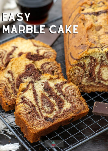 Easy Marble Cake, made of vanilla and chocolate cake batter, swirled together for a marbled effect and baked to give you a lovely soft texture, rich in flavor. Plus a recipe for chocolate mousse frosting. Delicious!