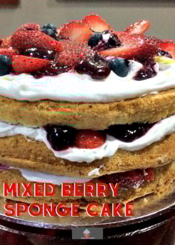 Mixed Berry Sponge Cake, lovely layers of light sponge between fresh whipped cream and a variety of juicy sweet fruit berries. A perfect cake for a tea party!
