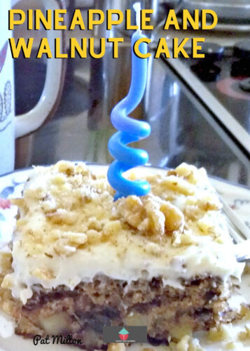 Pineapple and Walnut Cake is a lovely sheet style cake with crushed pineapple and nuts. There's also a really easy cream cheese frosting for the top of the cake