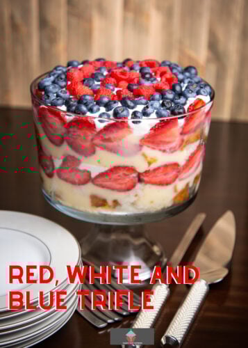 Red, White and Blue Trifle. Red, white and blue trifle is an easy dessert perfect for July 4th celebrations. Delicious layers of cake, fresh blueberries and strawberries, jello and whipped cream