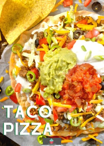 Taco Pizza, delicious homemade pizza dough with toppings of a taco! Tasty seasoned ground beef, onions, garlic, olives, tomato sauce, topped with cheese, sour cream and lettuce.