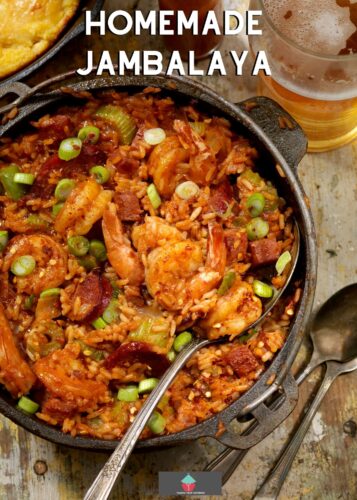 Homemade Jambalaya, a great family recipe, made from scratch. All in one rice dish with ham, smoked sausage, tomatoes and heaps of flavor. Serve as a dinner or pot lucks, parties
