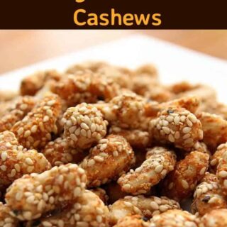 Sesame Sugar Coated Cashews. These are delicious served warm! The sugar coating along with the sesame and other spices makes for a lovely flavor. Recipe also has other flavor suggestions for you to try so make up a batch soon! | Lovefoodies.com