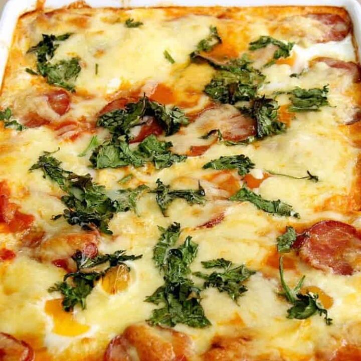 Spanish Omelette Casserole Spanish Omelette Casserole. A very easy and flexible baked casserole with eggs, cheese, potatoes and sausage. Suggestions for you to choose other ingredients to make it just how you like! Serve warm or chilled, suitable for a main meal or party food. You choose! Great for using up leftover roast dinners too! | Lovefoodies.com
