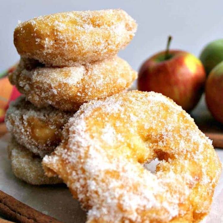 Easy Homemade Apple Fritters Apple Fritters. Yum! Slices of apple in a crispy light batter then coated in cinnamon sugar. Served warm with a drizzle of syrup, honey or a blob of ice cream.. makes for a perfect dessert! Quick and easy recipe too! | Lovefoodies.com