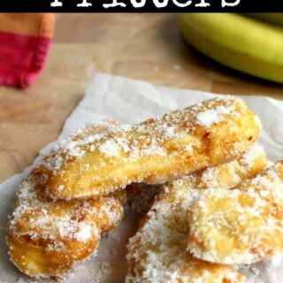 Banana Fritters. These are a lovely crispy treat, serve warm as they are or with some syrup drizzled over or a blob of ice cream! A great way to use up the odd banana too! Really quick and easy to make. | Lovefoodies.com