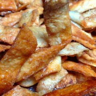 Cinnamon Brown Sugar Tortilla Chips! These are a lovely sweet snack using very simple ingredients and incredibly easy to make. Perfect for parties and holidays. | Lovefoodies.com