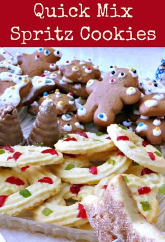 Quick Mix Spritz Cookies. These little cookies have a wonderful vanilla flavor and melt in your mouth. Easy to make! Get creative and make different shapes ready for Christmas!