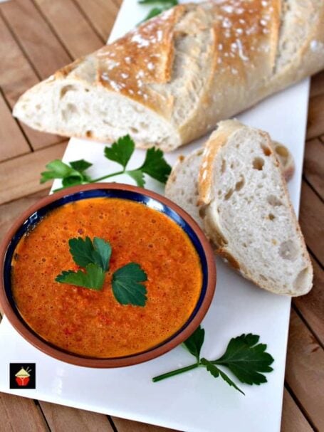 Mojo Picante, Spanish Red Pepper Sauce. This is a lovely tasting sauce popular in the Canary Islands. Serve with Tapas, goes great with seafood, chicken and pork. It's delicious! Will also keep refrigerated if you want to make ahead. Simple ingredients, easy recipe and out of this world in flavor! | Lovefoodies.com