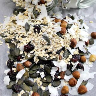 Coconut and Cranberry Granola. A really flexible recipe allowing you to choose the ingredients you love the most! Make up as lovely gifts or prepare for your own eating. It's an easy recipe and will store nicely so you can make ahead. | Lovefoodies.com