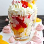Amazing Peach Melba Trifle! Dreamy layers of Lady Fingers, creamy vanilla pudding, peaches, raspberry sauce, whipped cream and meringue cookies. It can't get better than this! | Lovefoodies.com